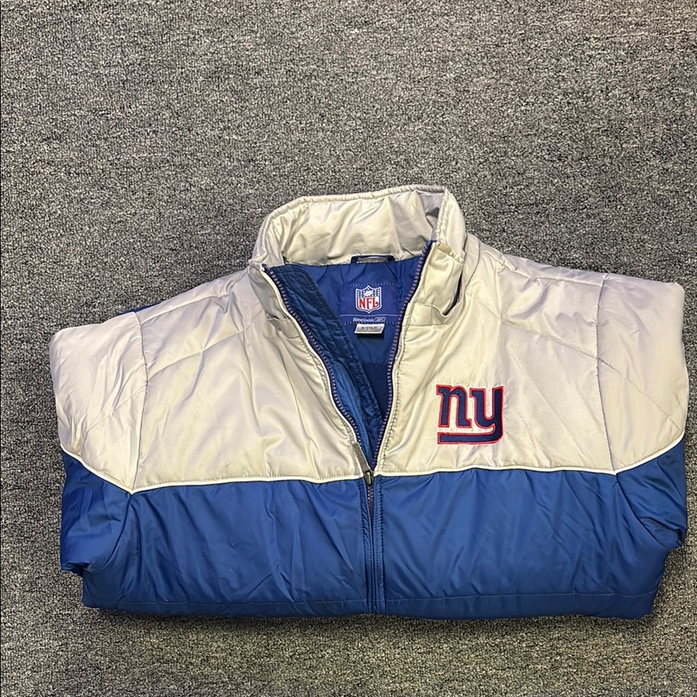 Vintage Reebok NFL NY Giants Blue and Silver Heavy Jacket